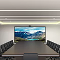 Modern Meeting Room With Long Conference Table Black Chairs Large Screen And Mountain Landscape
