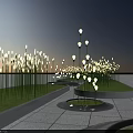 Illuminated Flowers In Night Garden With Green Lawn And Circular Turf Areas