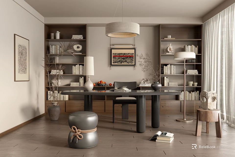 Cozy Study Room Interior With Built in Bookshelves Pendant Lamp Wooden Desk Comfortable Chair Stacked Books And Decorative Items 3d model 