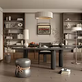 Cozy Study Room Interior With Built in Bookshelves Pendant Lamp Wooden Desk Comfortable Chair Stacked Books And Decorative Items