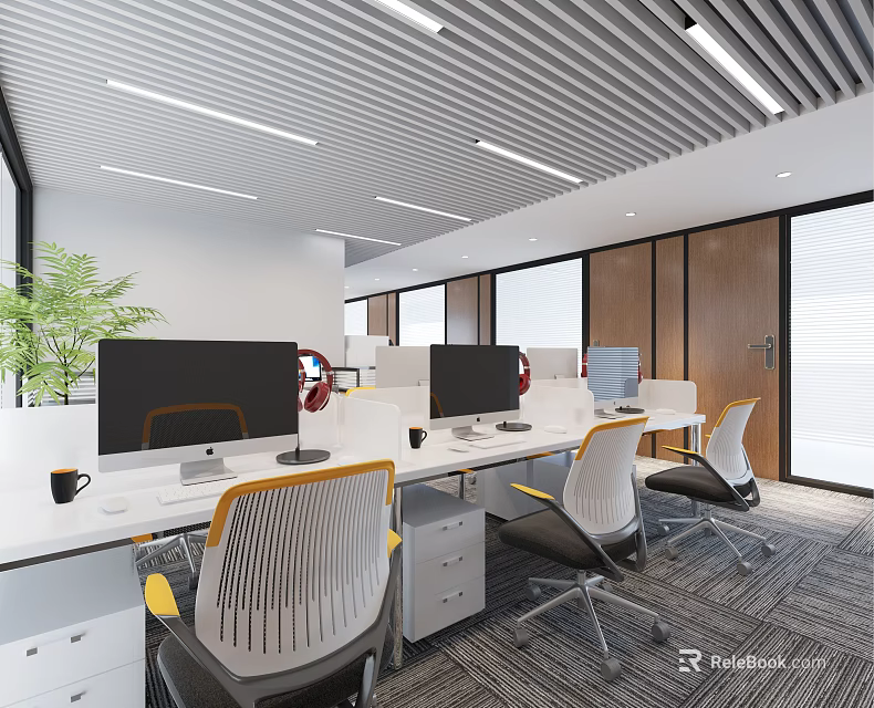 Modern Public Office Space With Desks Computers Chairs Windows And Green Plants 3d model