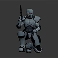 Detailed Robotic Character in Crouching Pose Holding Gun With Metallic Armor Suit