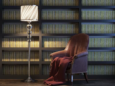 Comfortable Brown Leather Accent Chair with Red Blanket Against Bookshelf Wall and Vintage Floor Lamp 3d model