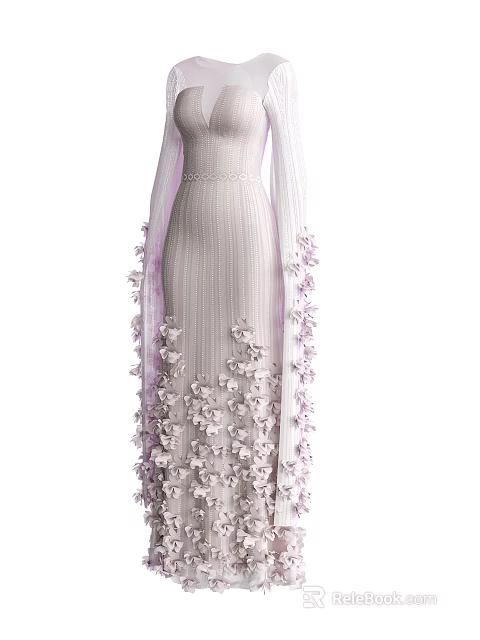 Elegant Long Dress with Purple Tulle Sleeves and White Floral Decorations 3d model 