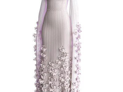 Elegant Long Dress with Purple Tulle Sleeves and White Floral Decorations 3d model