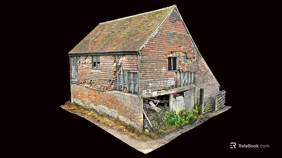 Dilapidated Red Brick Barn With Damaged Roof Broken Windows And Overgrown Weeds 3d model 