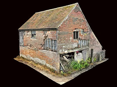 Dilapidated Red Brick Barn With Damaged Roof Broken Windows And Overgrown Weeds 3d model