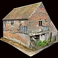 Dilapidated Red Brick Barn With Damaged Roof Broken Windows And Overgrown Weeds