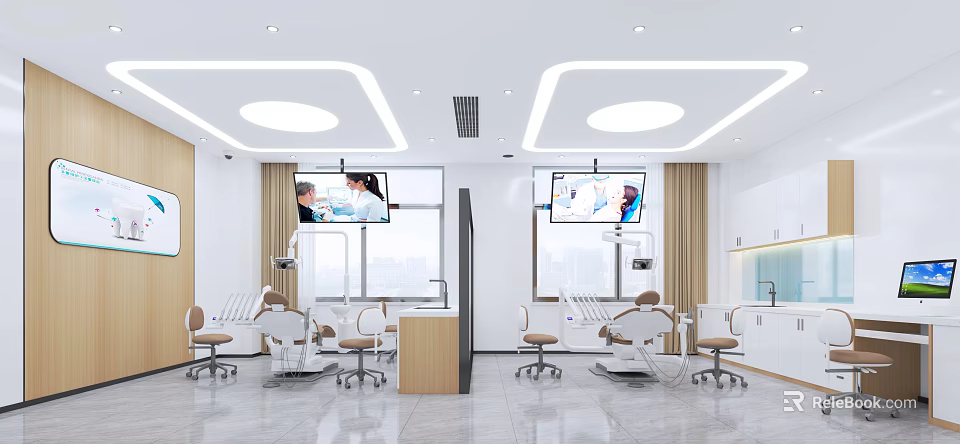 Modern Hospital Clinic Interior With Medical Equipment Patient Seats And Screens 3d model 