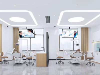 Modern Hospital Clinic Interior With Medical Equipment Patient Seats And Screens 3d model