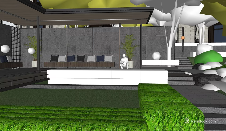 Modern Garden Landscape Design With Green Lawn Stone Wall And Seating Area 3d model 