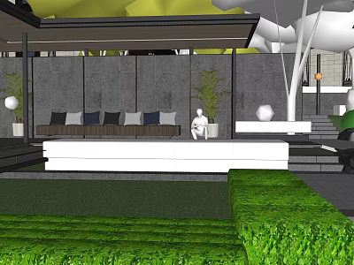 Modern Garden Landscape Design With Green Lawn Stone Wall And Seating Area 3d model