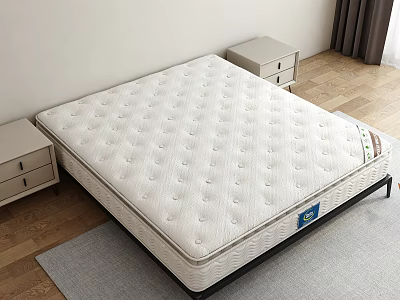 Quality White Mattress with Bedside Tables on Wooden Floor and Gray Rug 3d model