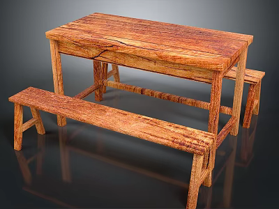 Rustic Wooden Dining Table Set With Matching Benches And Natural Wood Grain 3d model