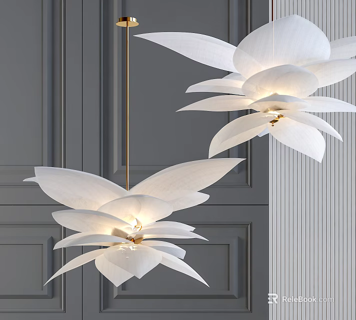 Flower Shaped White Chandelier With Golden Stem And Grey Wall Background 3d model 
