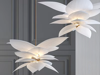 Flower Shaped White Chandelier With Golden Stem And Grey Wall Background 3d model