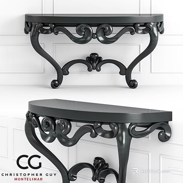 Elegant Black Functional Table With Intricate Carved Details And Curved Legs Design 3d model 