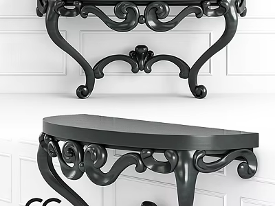 Elegant Black Functional Table With Intricate Carved Details And Curved Legs Design 3d model