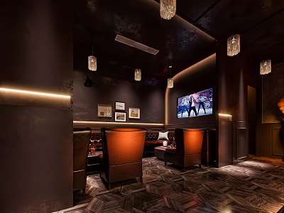 Modern Bar Interior With Pendant Lights TV Screen Brown Seating And Unique Flooring 3d model