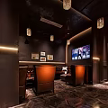 Modern Bar Interior With Pendant Lights TV Screen Brown Seating And Unique Flooring