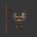 Vibrant Detailed Mecha Figurine With Spiked Mechanical Wings And Red Spear