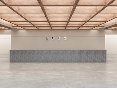 Minimalist Front Desk Area With Gray Stone Reception Desk Wooden Ceiling And Background Wall LOGO 3d model