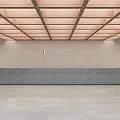 Minimalist Front Desk Area With Gray Stone Reception Desk Wooden Ceiling And Background Wall LOGO