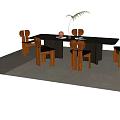 Modern Dining Table Set With Rectangular Top Wooden Chairs And Plant Decoration 3d model
