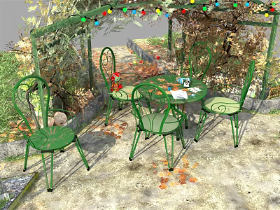 Green Outdoor Table With Chairs Colorful String Lights Vines And Fallen Leaves In Outdoor Area 3d model