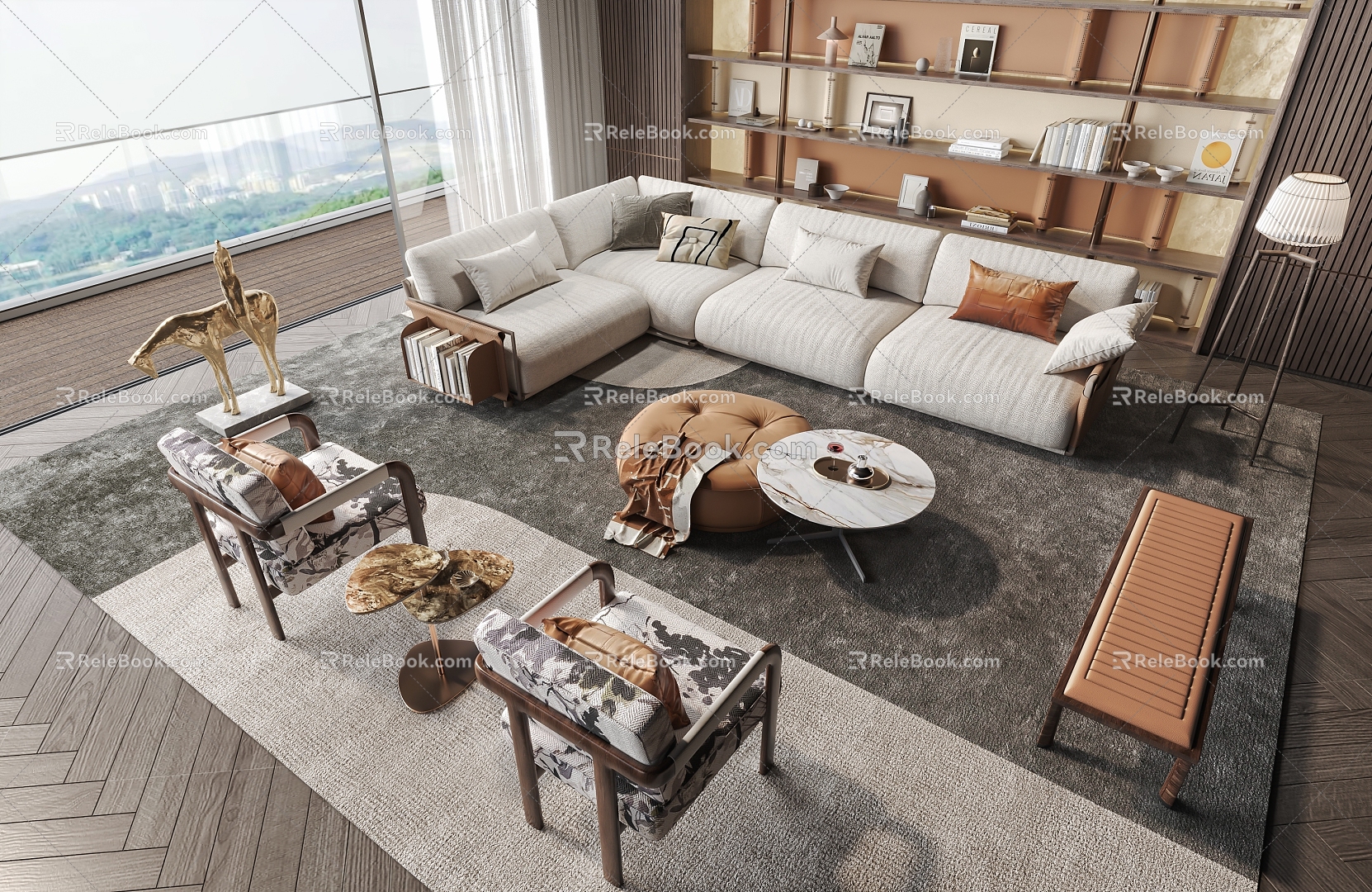 Living Room Sofa Sofa Combination Coffee Table Single Sofa Bookshelf Floor Lamp 3d model