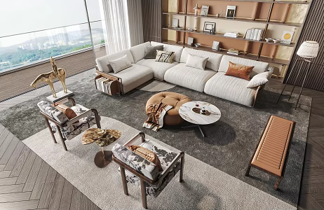 Living Room Sofa Combination Coffee Table Single Sofa Bookshelf Floor Lamp 3d model