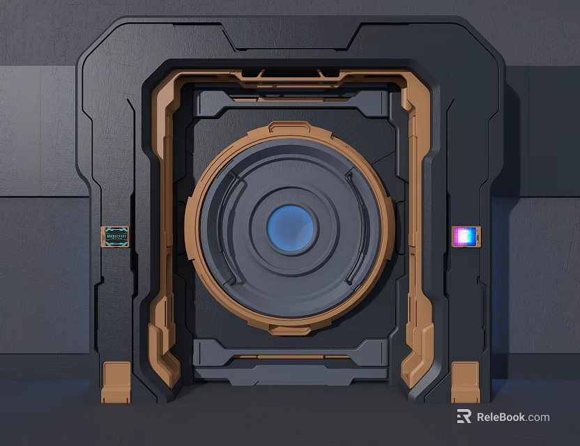 Futuristic Tech Device With Black Gold Frame Circular Blue Core And Display Panels 3d model 