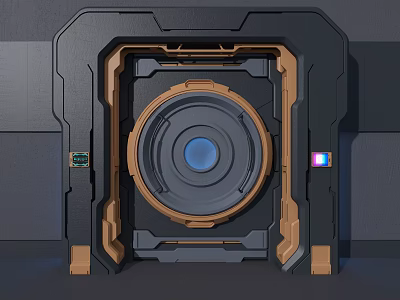 Futuristic Tech Device With Black Gold Frame Circular Blue Core And Display Panels 3d model