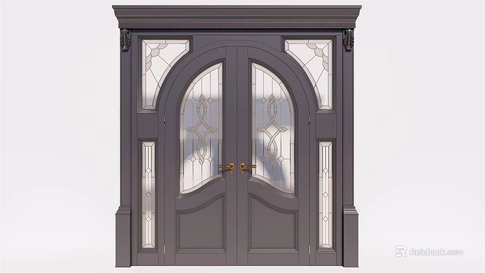 Dark Gray Double Front Door With Arched Decorative Glass Ornate Frame And Golden Handles 3d model 