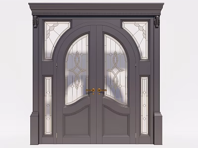Dark Gray Double Front Door With Arched Decorative Glass Ornate Frame And Golden Handles 3d model