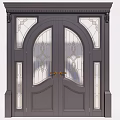 Dark Gray Double Front Door With Arched Decorative Glass Ornate Frame And Golden Handles