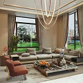 Elegant Modern Living Room Interior With Marble Wall Sofa Coffee Table TV And Chandelier