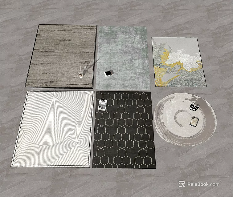 Square Rugs Featuring Geometric Wavy And Floral Patterns In Different Colors 3d model