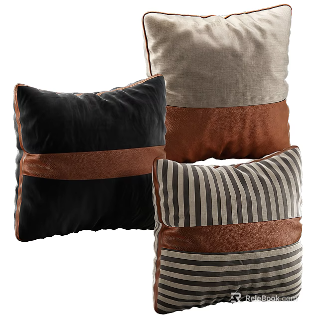 Black Brown Striped Throw Pillows With Contrast Fabric And Leather Accents 3d model 