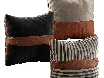 Black Brown Striped Throw Pillows With Contrast Fabric And Leather Accents 3d model