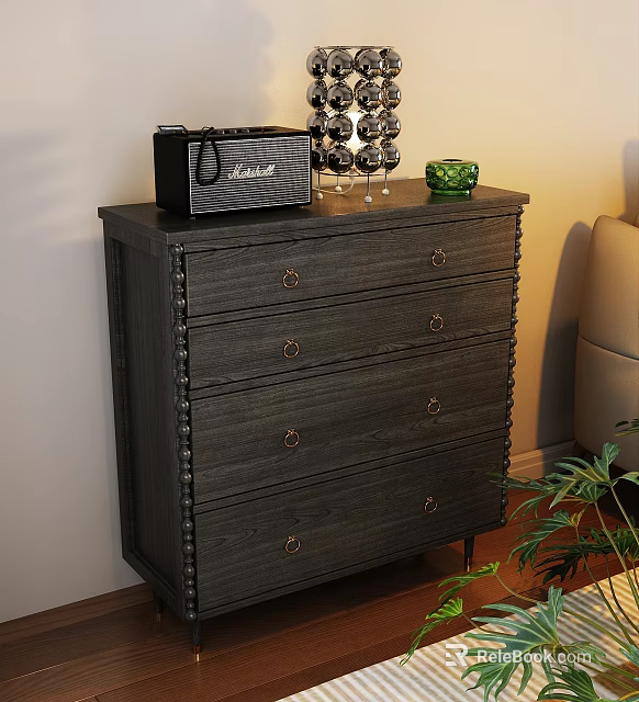 Dark Wood Entryway Cabinet Sideboard With Multiple Drawers Metal Handles And Decorative Items On Top 3d model 