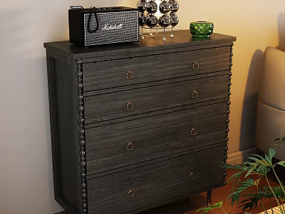 Dark Wood Entryway Cabinet Sideboard With Multiple Drawers Metal Handles And Decorative Items On Top 3d model