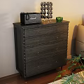 Dark Wood Entryway Cabinet Sideboard With Multiple Drawers Metal Handles And Decorative Items On Top