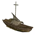 Traditional Wooden Boat Featuring Thatched Roof and Cross Mast Structure