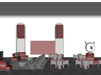Modern Lounge Area With Comfortable Sofas Tables Chairs Arched Structures And Red Accents 3d model
