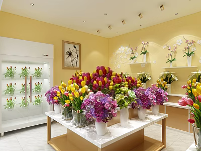 Elegant Flower Shop Interior With Tulips Hydrangeas Display Counter And Refrigerated Cabinet 3d model