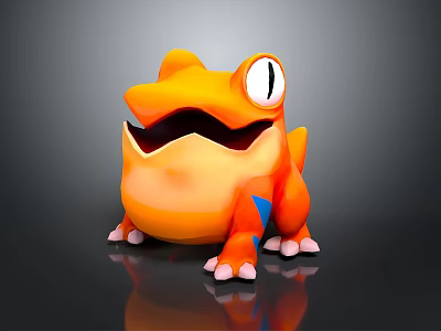 3D Cartoon Character Orange Creature With Big Eyes Open Mouth Blue Markings And White Claws 3d model