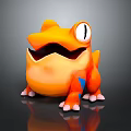 3D Cartoon Character Orange Creature With Big Eyes Open Mouth Blue Markings And White Claws