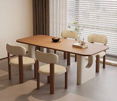 Modern Wooden Dining Table With Four Light Colored Chairs Fruit Bowl And Green Plant 3d model