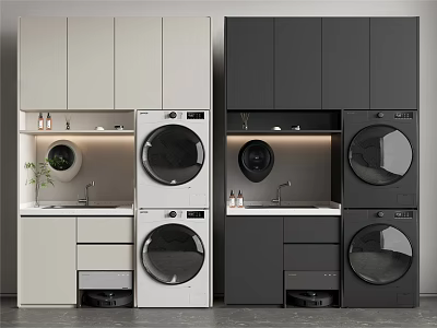 Modern Stacked Washing Machine and Dryer With Light and Dark Cabinet Design In Laundry Room 3d model